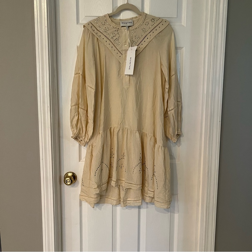 MUNTHE Capture Studded Drop Waist Long Sleeve Dress Cream 1300‎ Size 34 US 4 NEW